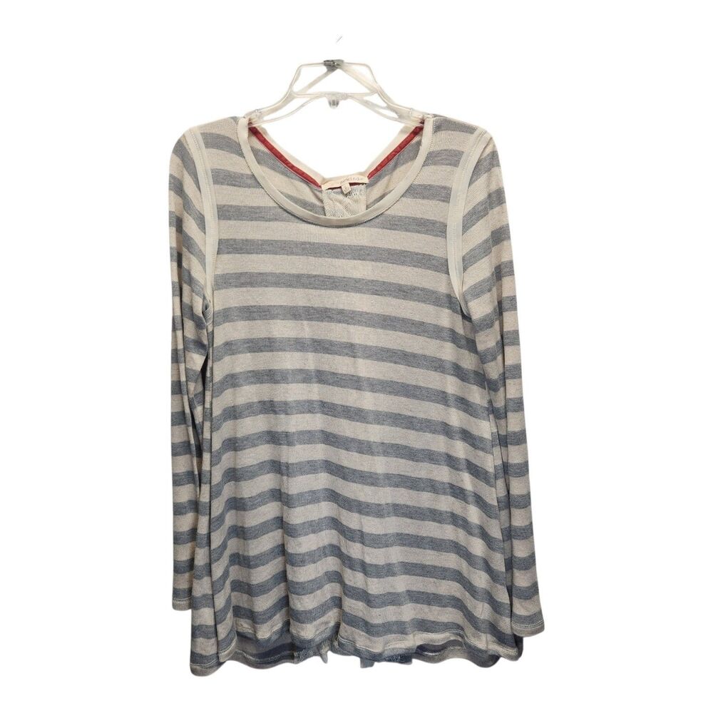 Open Back Lace Slit Gray Ivory Stripe Tunic Button LARGE